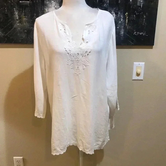 J.Jill Linen Blend Floral Eyelet 3/4 Sleeve Tunic Top with Side Slits-Size L - Picture 1 of 16
